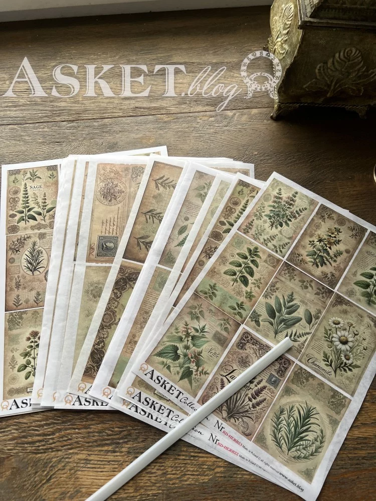 Sheets of botanical prints with 'ASKET' branding on a wooden surface.