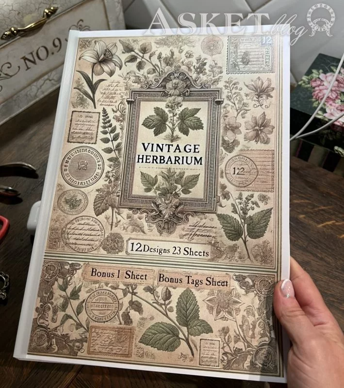 Vintage Herbarium design book held by a hand on a wooden surface
