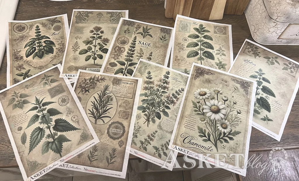 Collection of botanical prints on a wooden surface