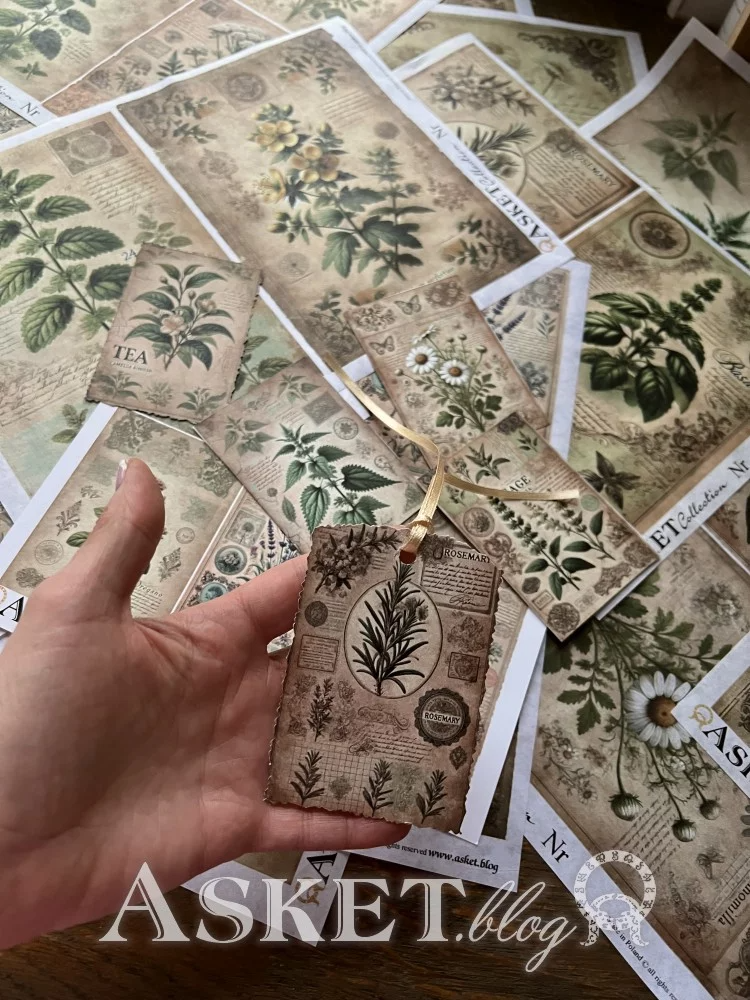 Hand holding a small card with botanical design amidst a collection of similar cards.