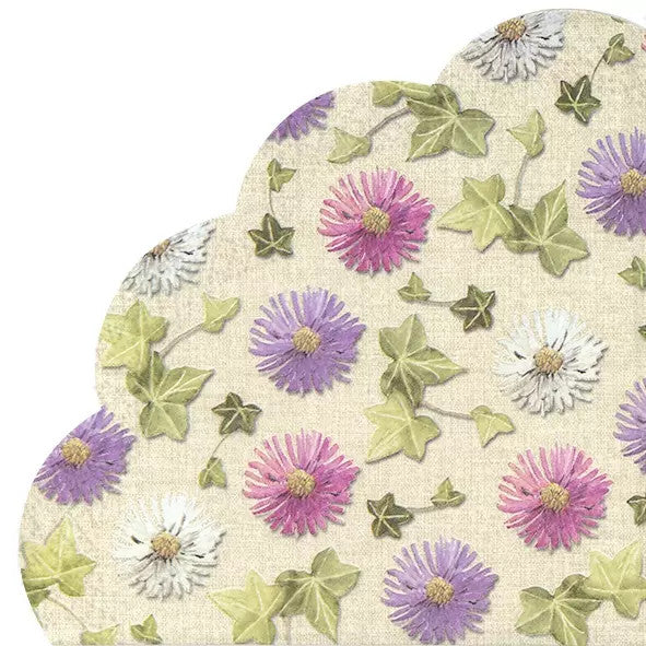Aster flowers green and pink. Round paper napkin for decoupage.