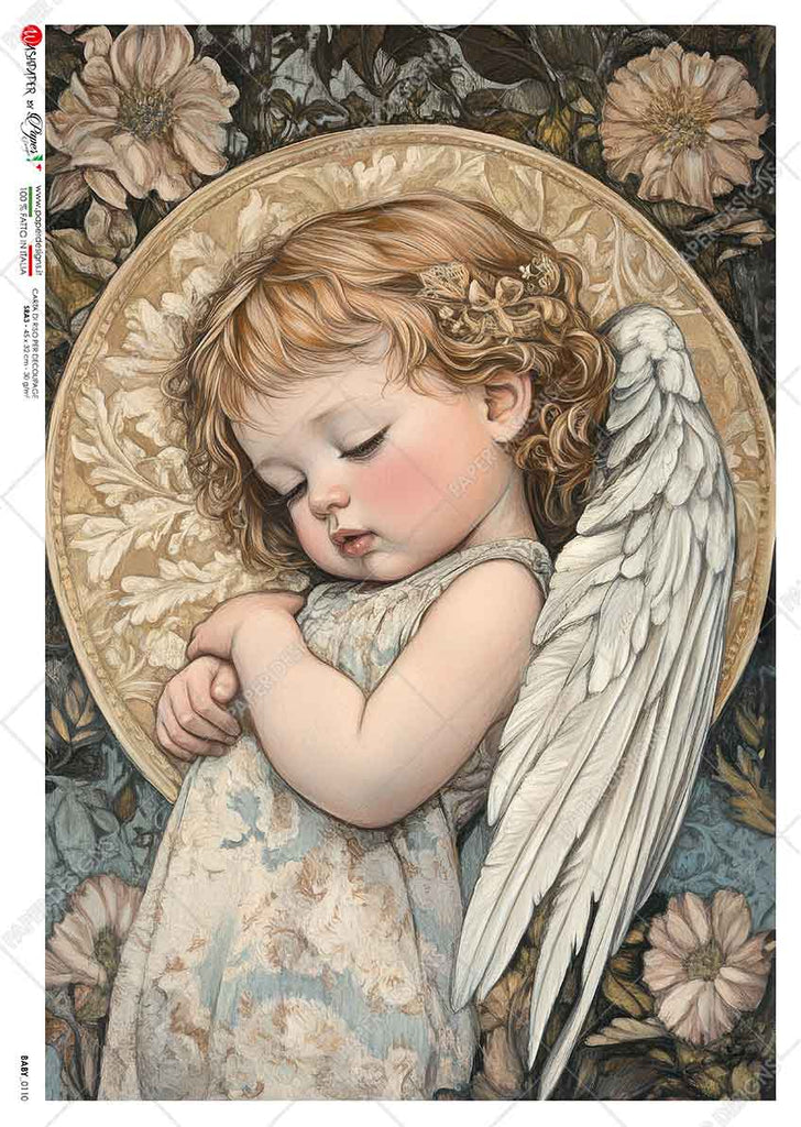 Baby angel surrounded by golden halo on dark background with flowers. Beautiful Rice Paper of Exquisite Quality for Decoupage crafts.