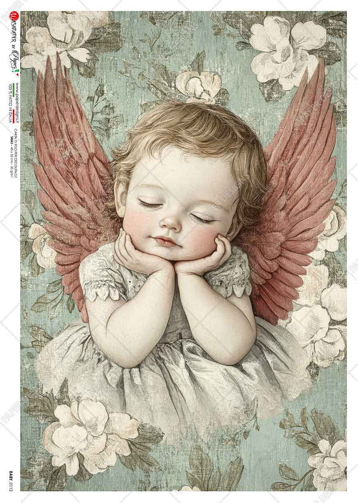 Red winged cherub sleeping among white flowers on blue background. Beautiful Rice Paper of Exquisite Quality for Decoupage crafts.