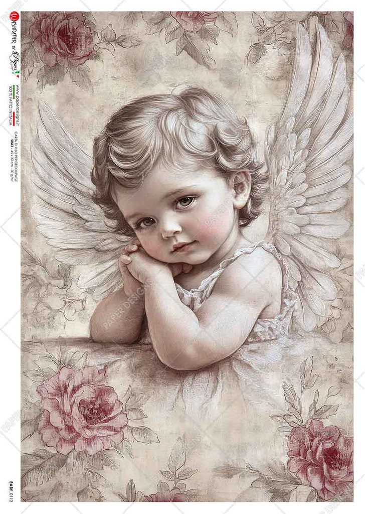 Baby cherub with pink roses on cream background. Beautiful Rice Paper of Exquisite Quality for Decoupage crafts.