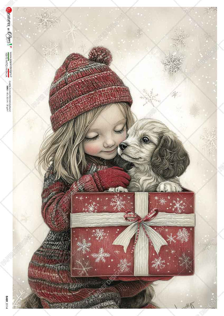 Young girl wearing red and grey hat and dress holding red present and puppy. Beautiful Rice Paper of Exquisite Quality for Decoupage crafts.