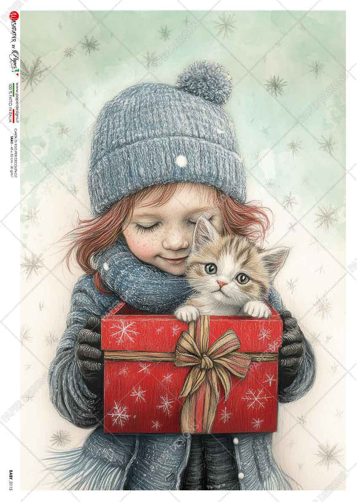 Young girl wearing blue hat and coat holding red present and kitten on snowy background. Beautiful Rice Paper of Exquisite Quality for Decoupage crafts.