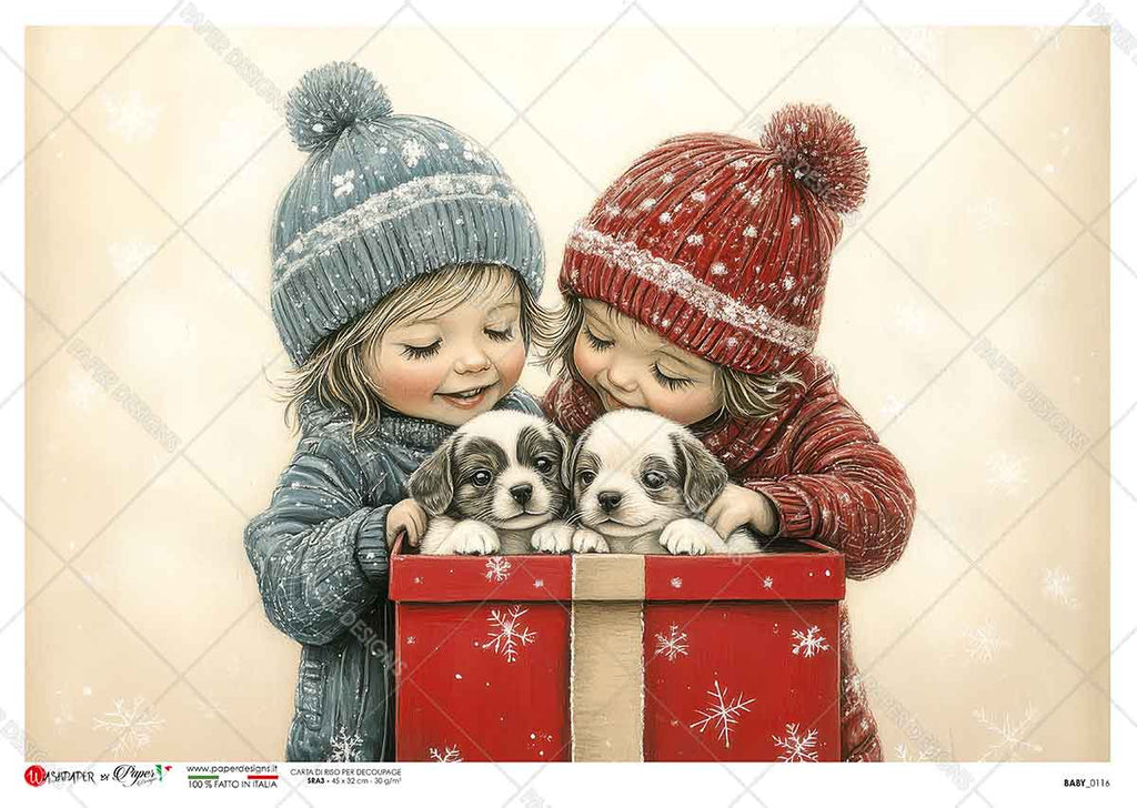 young girls wearing red and blue holding red present and 2 grey and white puppies. Beautiful Rice Paper of Exquisite Quality for Decoupage crafts.