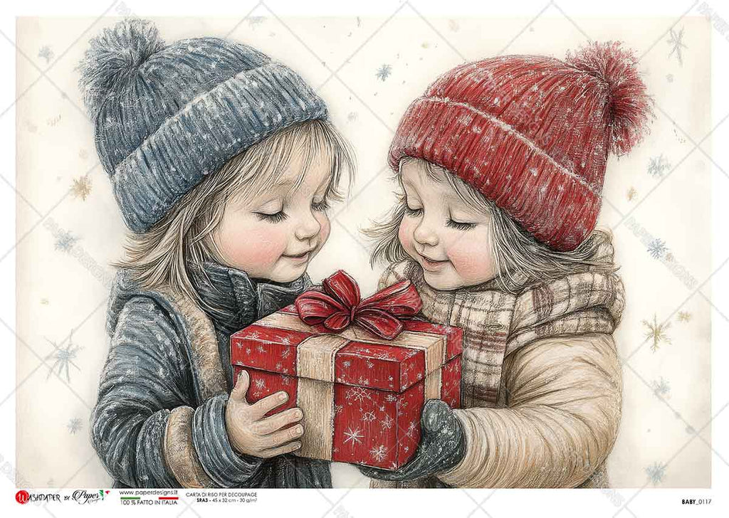 2 girls wearing red hat and brown coat and blue hat and blue coat holding red present on snowy background. Beautiful Rice Paper of Exquisite Quality for Decoupage crafts.