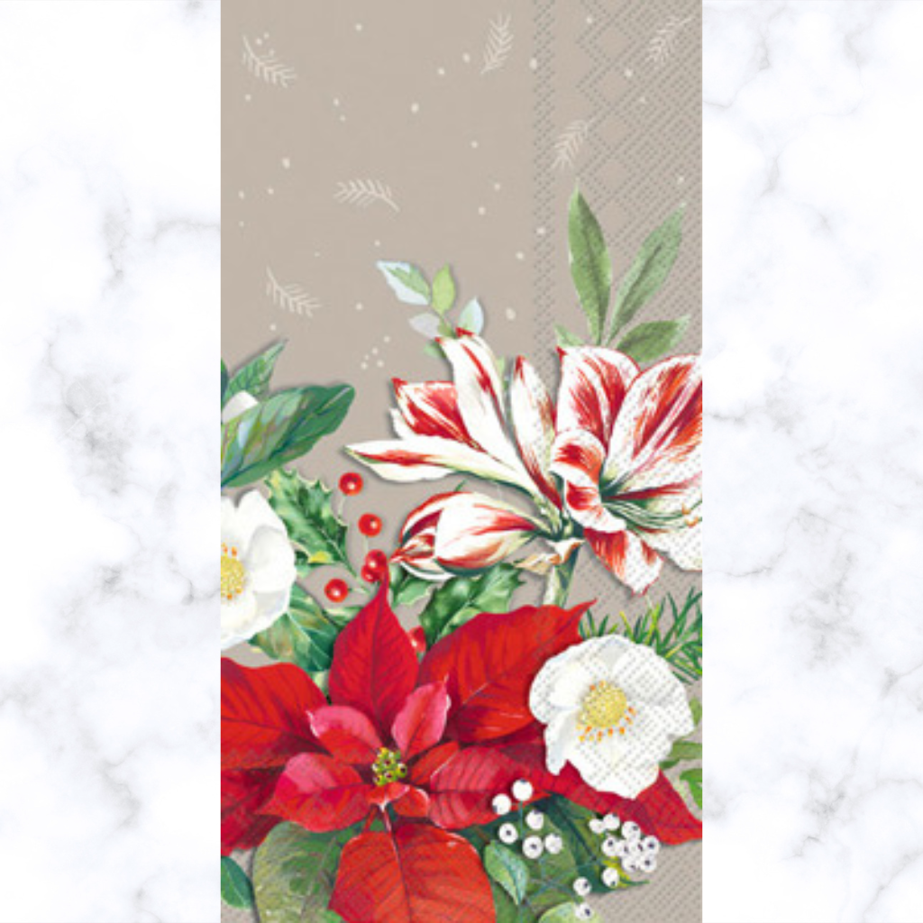 Red Poinsettia and white flowers Quality European Decoupage Decorative Craft Paper Napkins. 3 ply. Ideal for Collage, Scrapbooking.