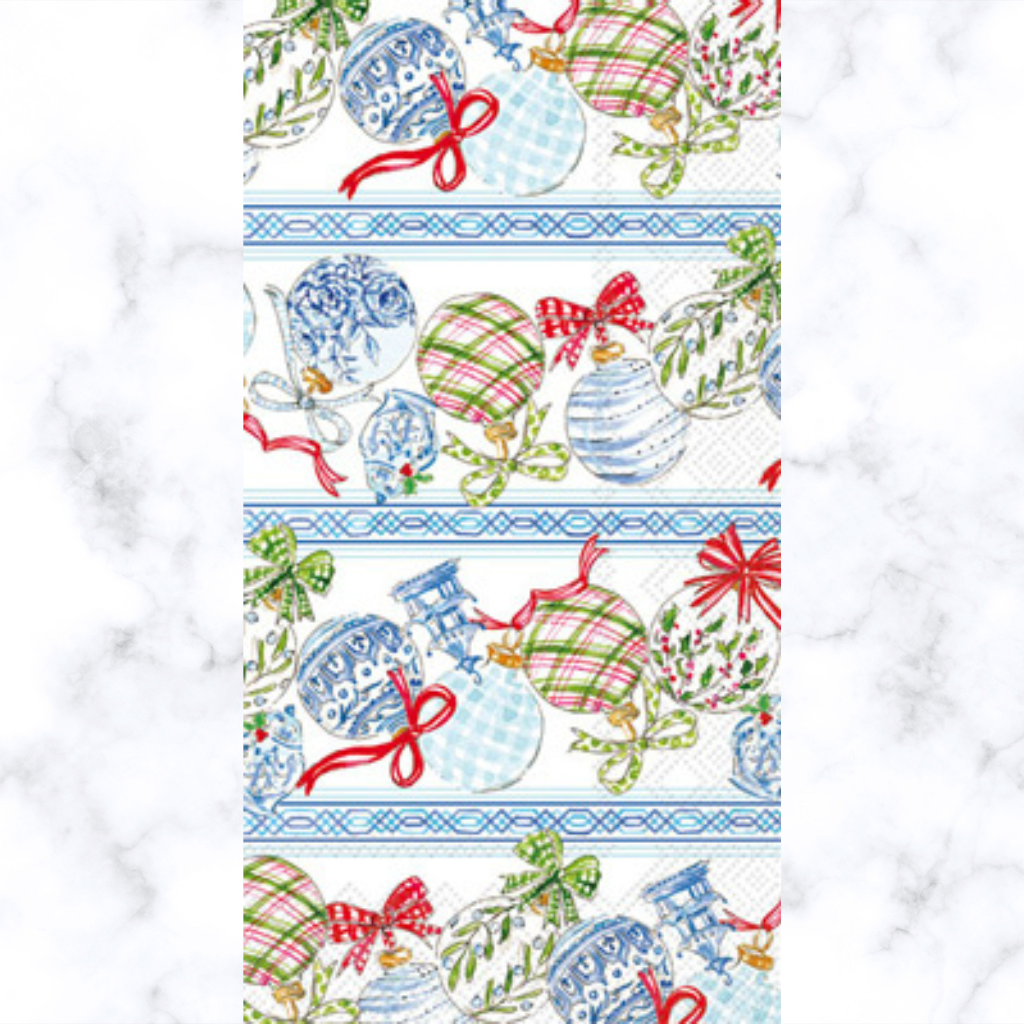 Rows of blue and white ornaments with red bows. Quality European Decoupage Decorative Craft Paper Napkins. 3 ply. Ideal for Decoupage Paper for Collage, Scrapbooking.