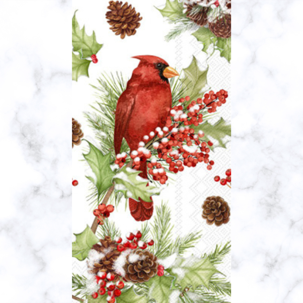 Red cardinal on berry branch with pine cones. Quality European Decoupage Decorative Craft Paper Napkins. 3 ply. Ideal for Decoupage Paper for Collage, Scrapbooking.