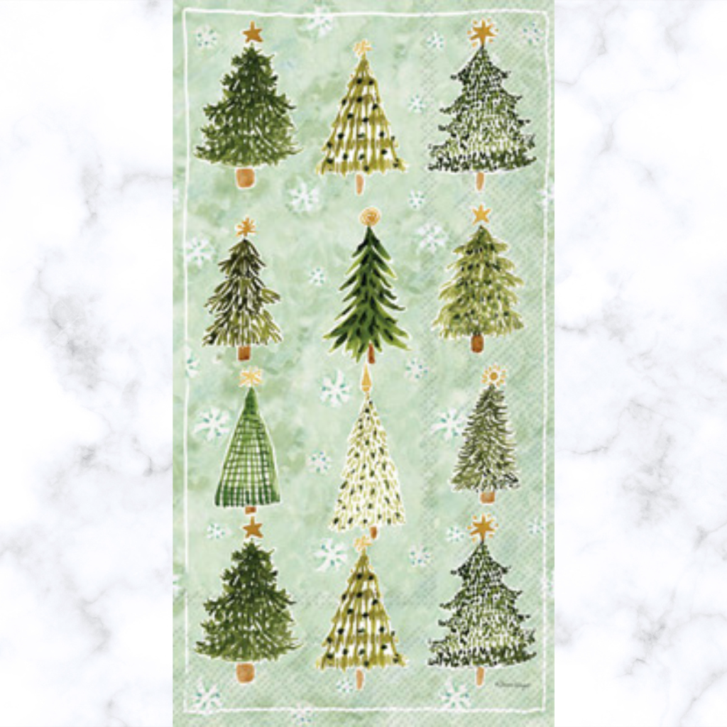 12 green pine trees in rows. Quality European Decoupage Decorative Craft Paper Napkins. 3 ply. Ideal for Decoupage Paper for Collage, Scrapbooking.