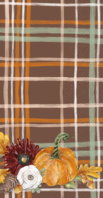 Pumpkins on brown orange plaid Autumn themed paper napkin for decoupage. 