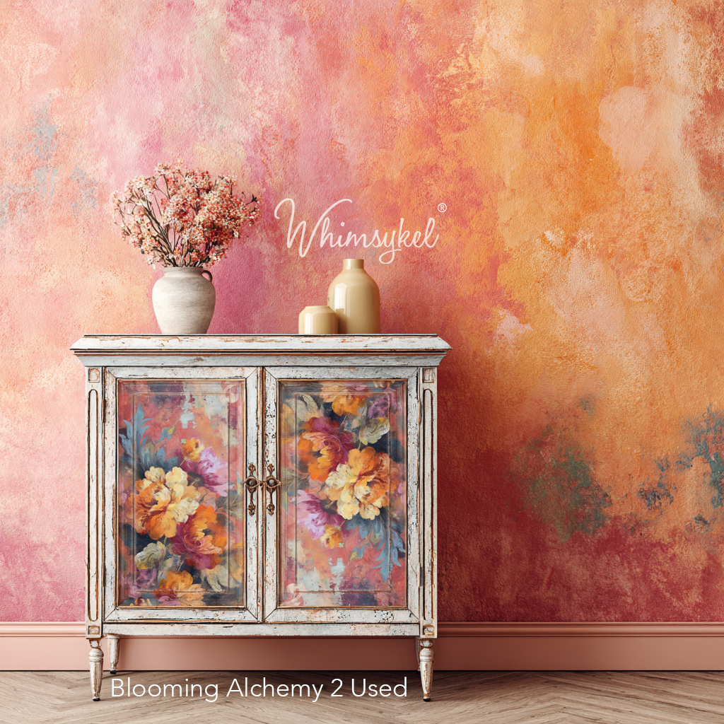 Decorative cabinet with floral design against a colorful wall with 'Whimsykel' branding.