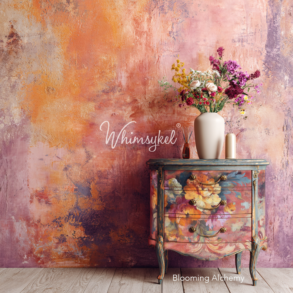 Decorative chest of drawers with floral design against a textured wall with 'Whimsykel' branding.