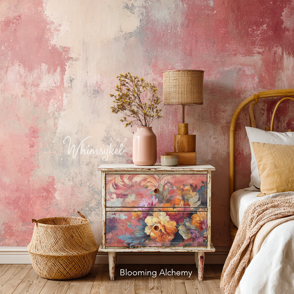 Decorative bedroom with floral dresser and textured pink wall