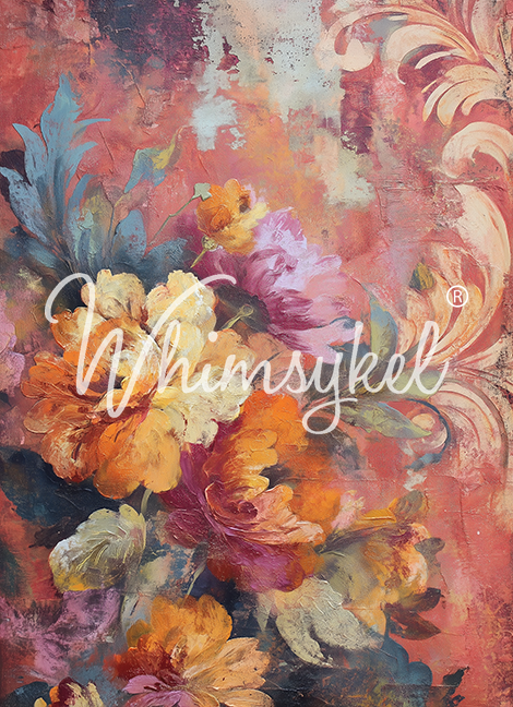 Colorful floral design with 'Whimsykel' branding on a textured background
