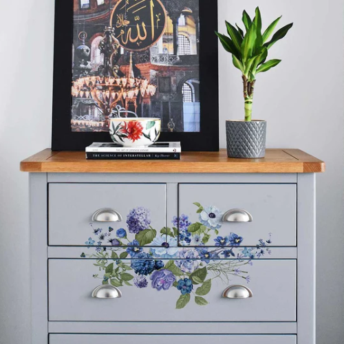 ReDesign with Prima Blue Gardens Decor Transfers® are easy to use rub-on transfers for Furniture and Mixed Media uses.