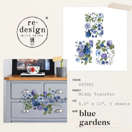 ReDesign with Prima Blue Gardens Decor Transfers® are easy to use rub-on transfers for Furniture and Mixed Media uses.