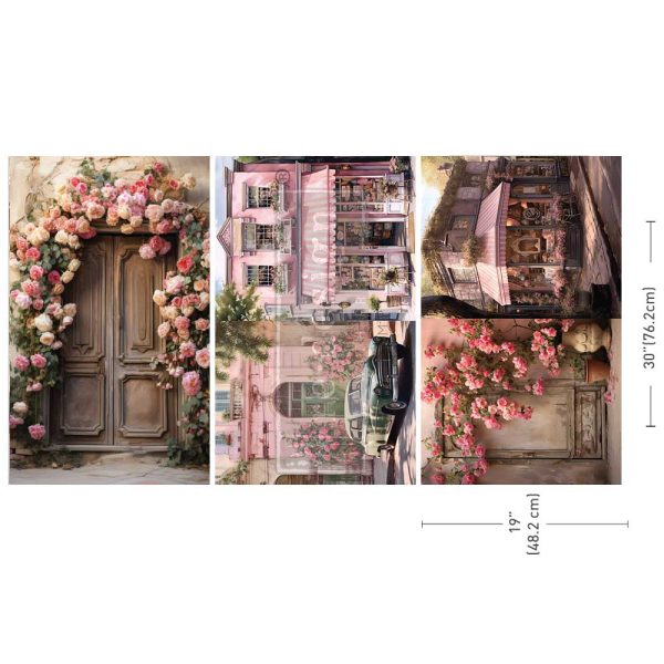 Blush Blossom Boulevard ReDesign with Prima Decoupage Tissue Paper set of 3 designs. The large 19"x30" size features pink roses by quaint storefront.