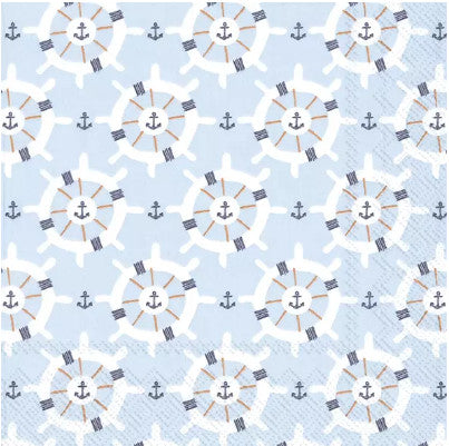 Repeat pattern of ships wheel on light blue background. European Decoupage Craft Paper Napkins.