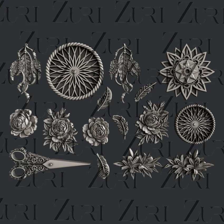 Flowers, gears, scissors, leaves. Bohemian theme. ZURI silicone Molds, the pinnacle of artistry & innovation, globally recognized for their intricate designs & crafted with food-grade silicone