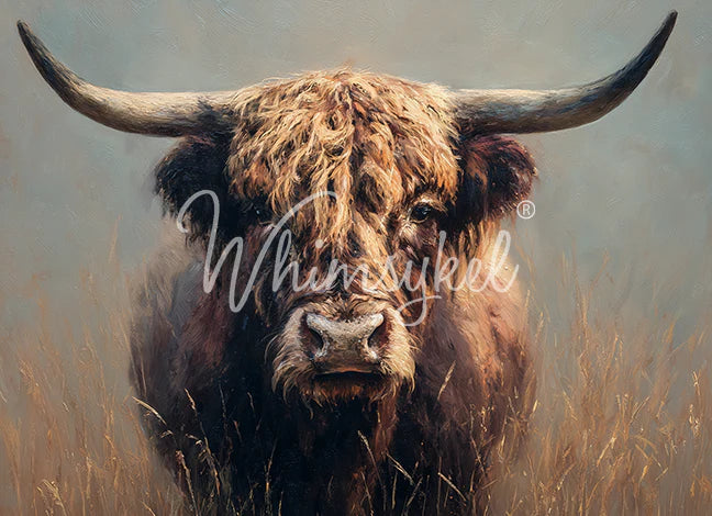 Painting of a bull with large horns in a field, featuring the brand 'Whimsykick'.