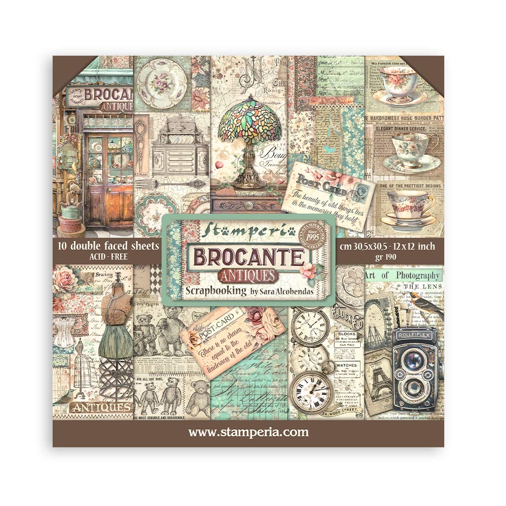 Vintage themed Brocante Antiques Stamperia Scrapbooking Paper Set. These beautiful high quality papers by Stamperia are themed sets with coordinating designs