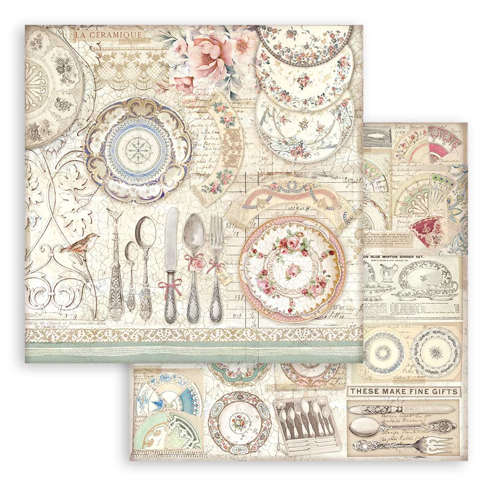 Vintage themed Brocante Antiques Stamperia Scrapbooking Paper Set. These beautiful high quality papers by Stamperia are themed sets with coordinating designs