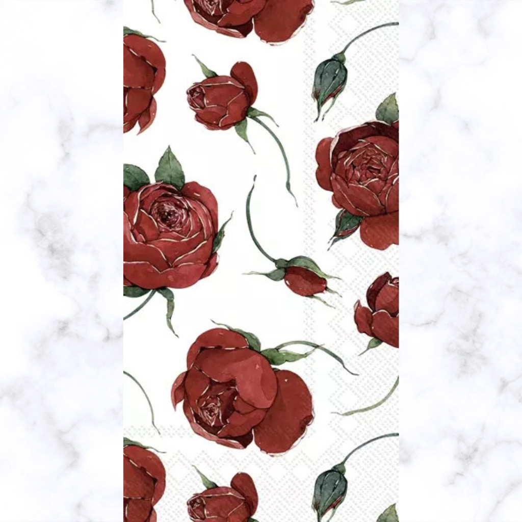 red roses and green stems on white Decoupage Craft Paper Napkin for Mixed Media, Scrapbooking