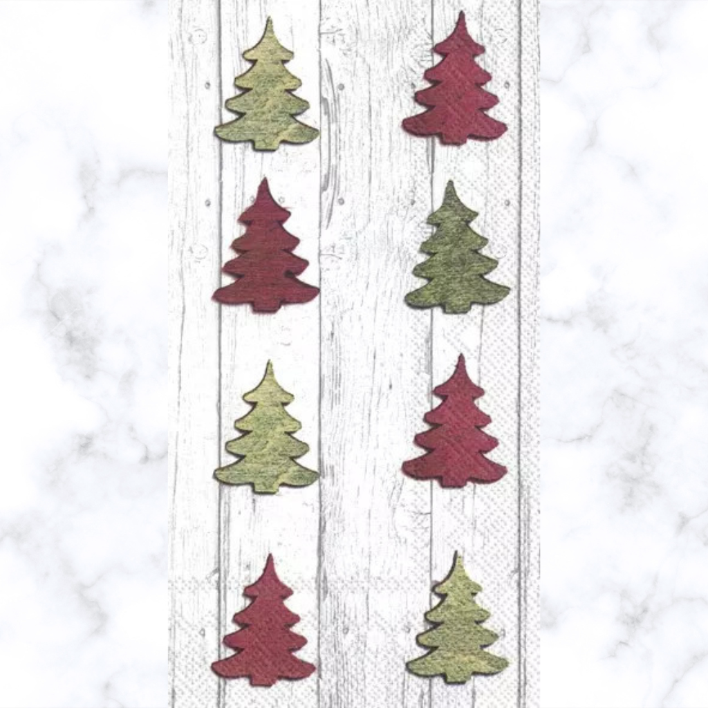 red and green Christmas tree cutouts on white wood Decoupage Craft Paper Napkin for Mixed Media, Scrapbooking