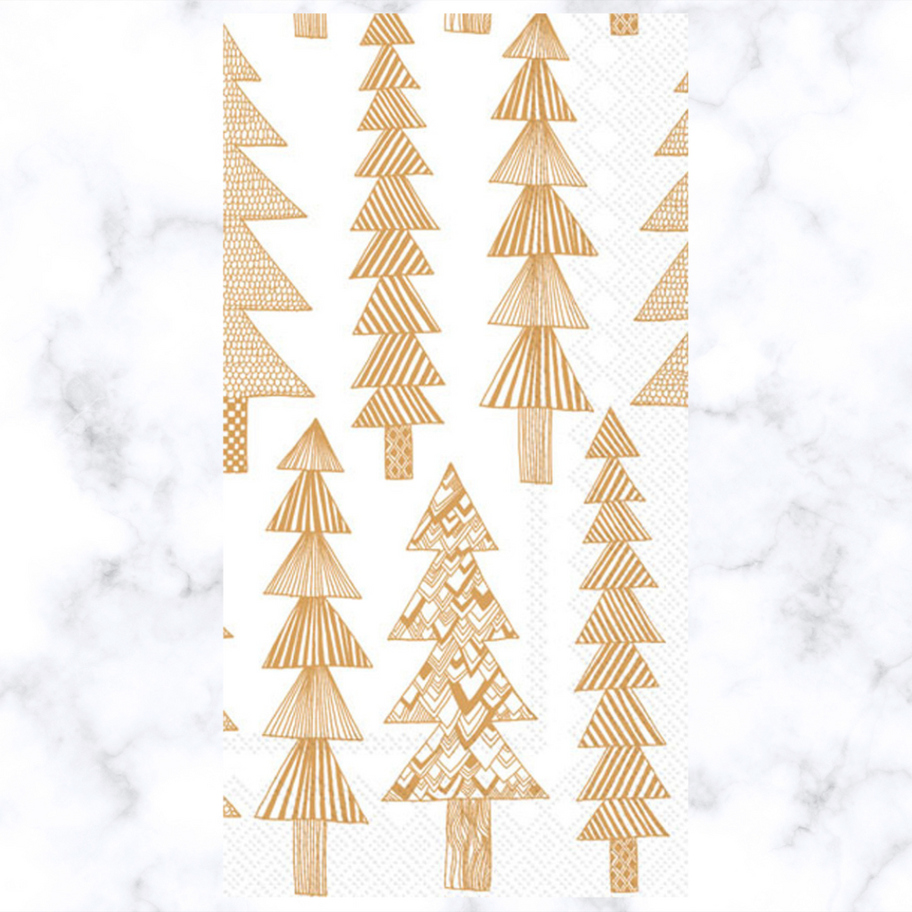 stick figure drawings in gold of pine trees with geometric patterns on white background Buffet Decoupage napkin