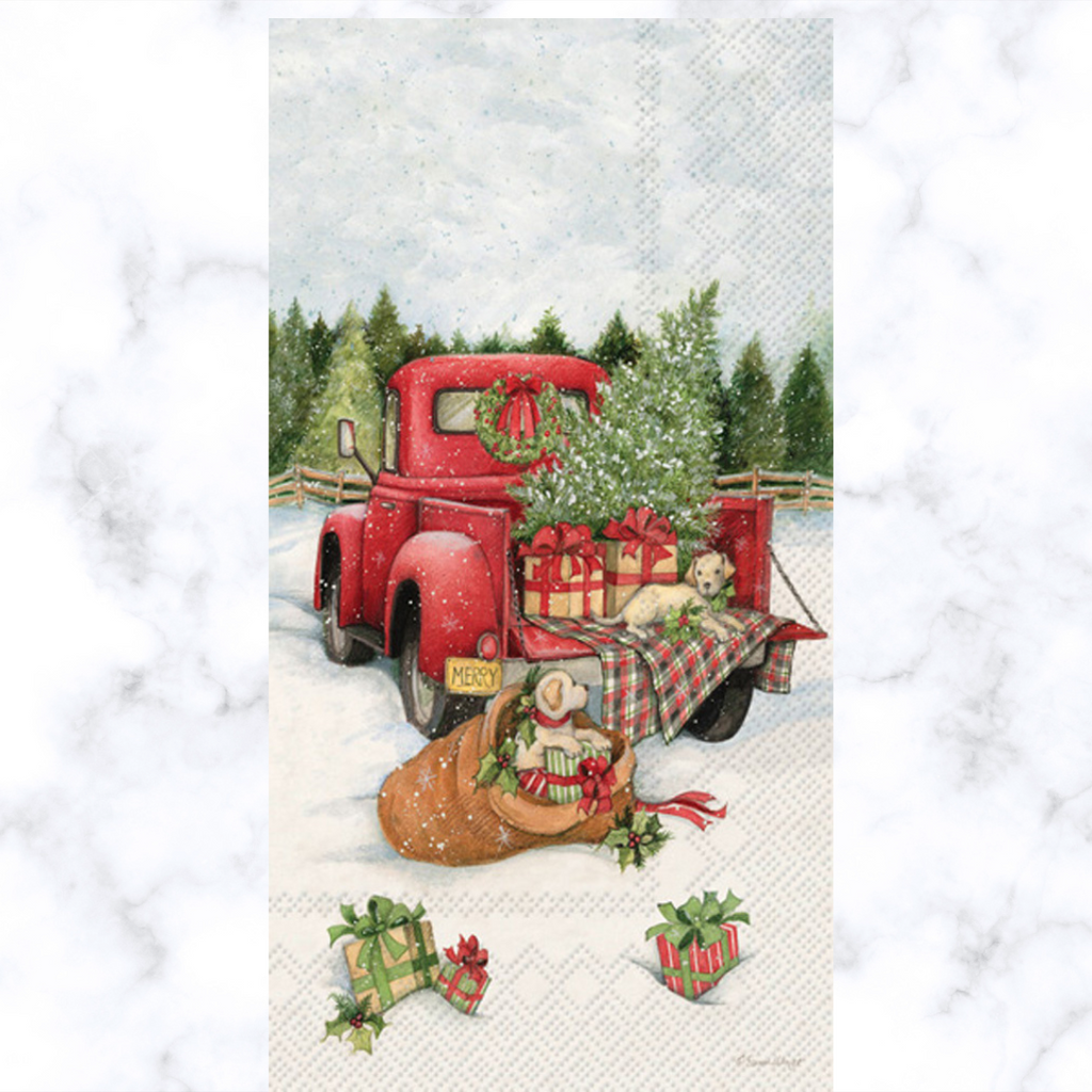 red truck in the snow loaded with Christmas presents and puppies Buffet Decoupage napkin