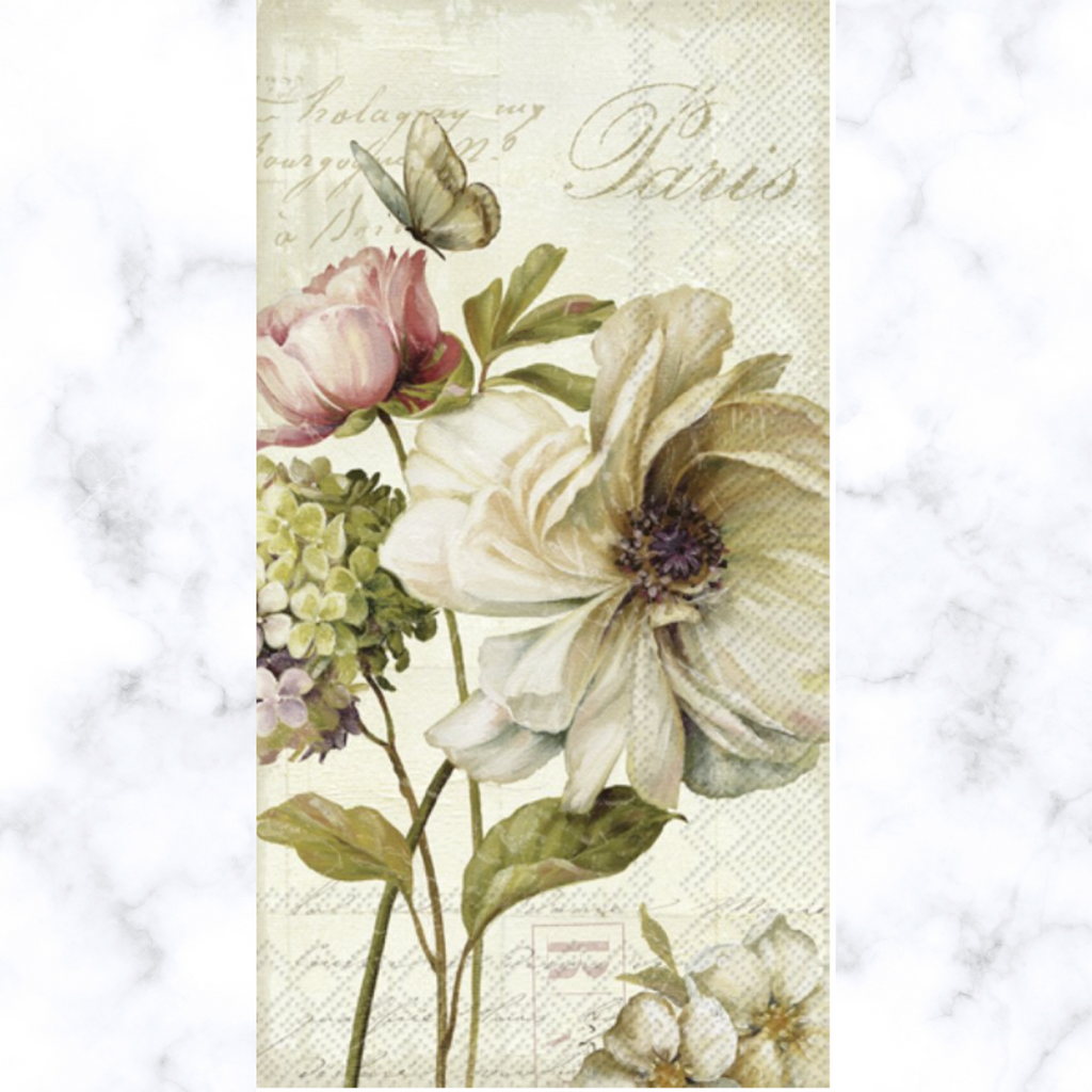 white and pink blossoms on cream with script saying Pasris  Decoupage Napkins