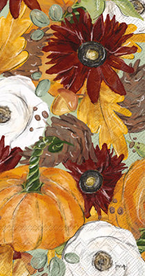 Orange & burgundy florals & pumpkins Autumn themed paper napkin for decoupage. 