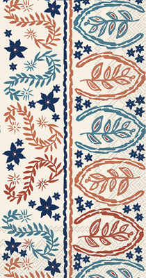 Leaf pattern in folk blue and orange Autumn themed paper napkin for decoupage. 