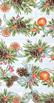 All over pine cones, oranges and blue ribbons Autumn themed paper napkin for decoupage. 