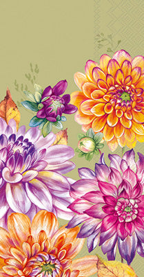 Orange and purple floral on olive background Autumn themed paper napkin for decoupage. 