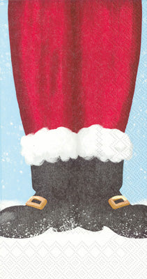 Christmas decoupage napkin with red santa legs in black boots.