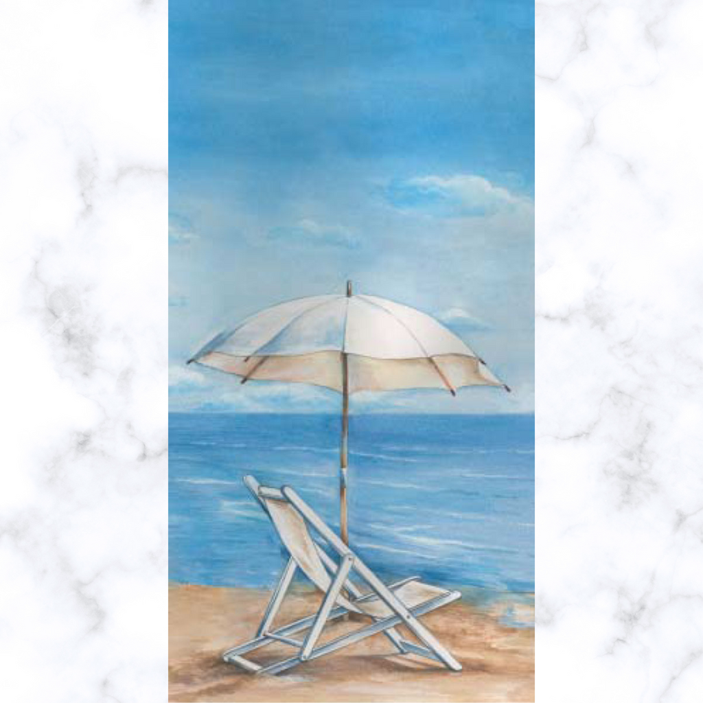white beach chair and umbrella next to blue sea on sand Buffet Decoupage napkins