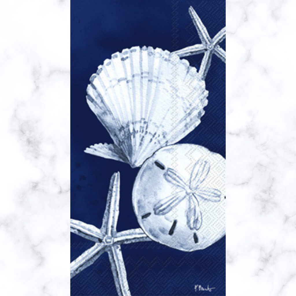white shell, sand dollar and starfish on blue Buffet Decoupage napkins