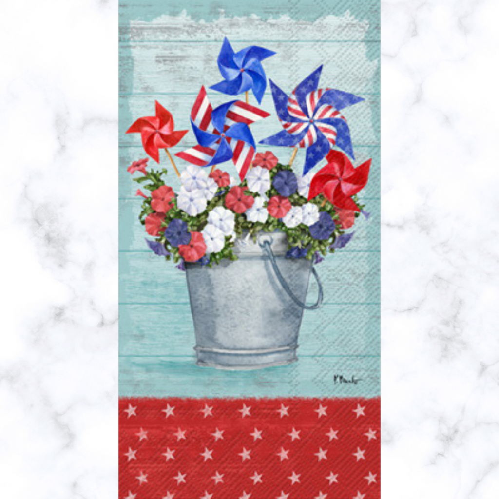 Red white and blue pinwheels in tin can of petunia Buffet Decoupage napkins