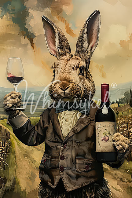 Illustration of a rabbit in formal attire holding a glass of wine and a bottle, with a scenic background.
