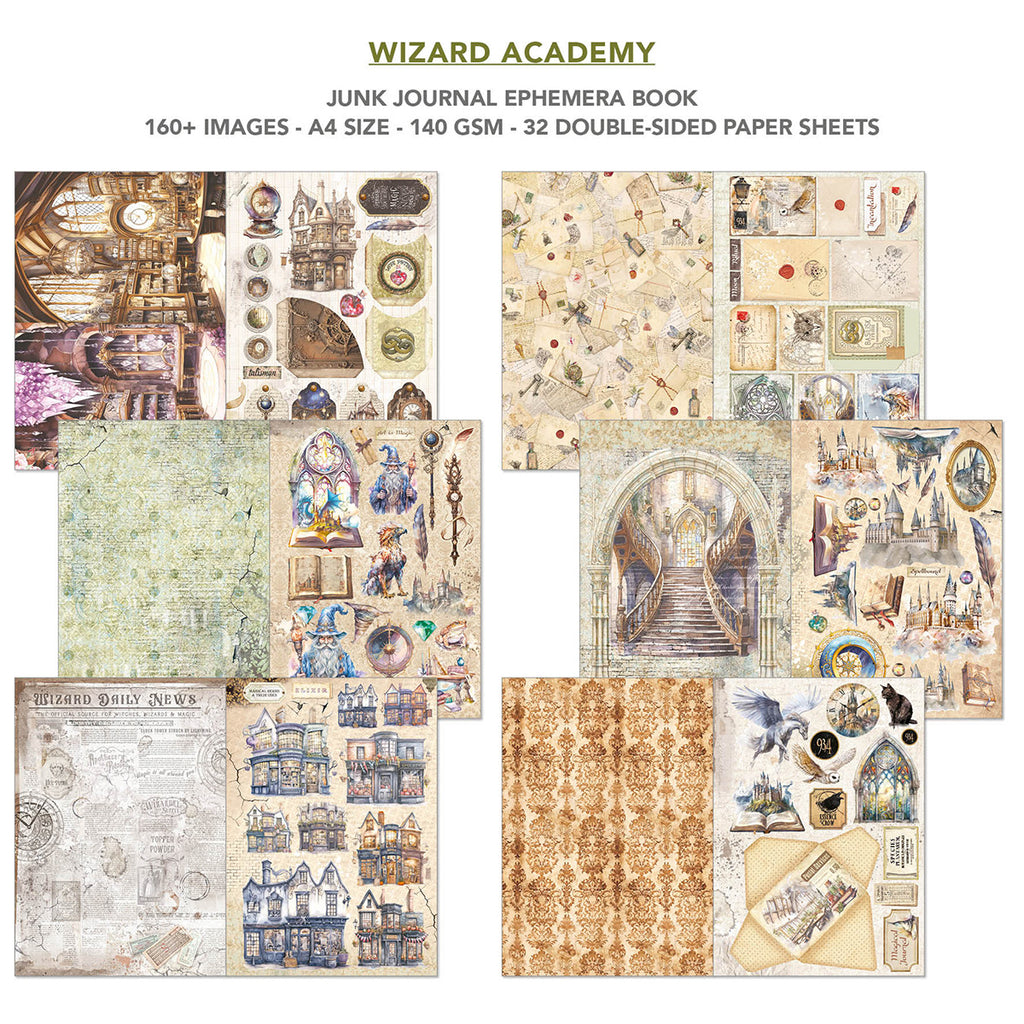 Wizard Academy 32 page Ephemera book and junk journal for scrapbooking. Featuring wizards, castles, dragons and potions.