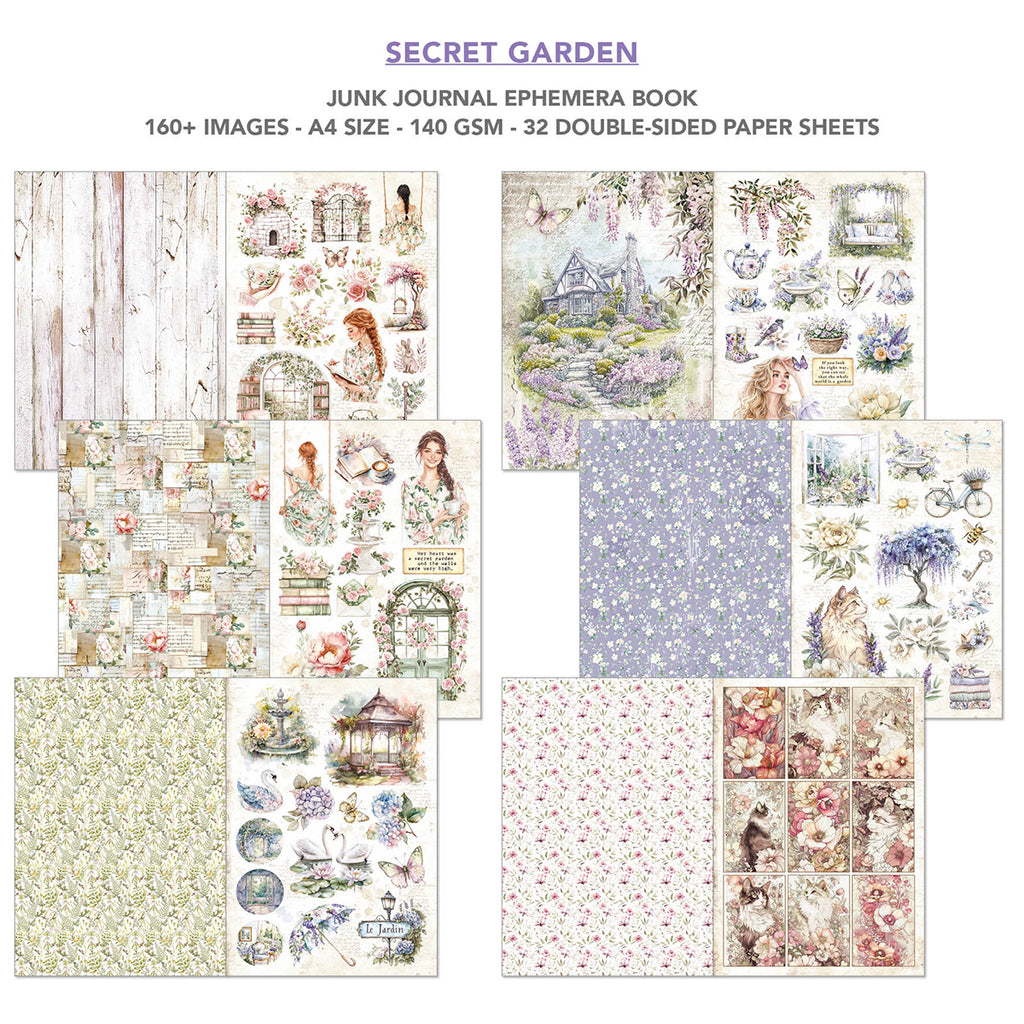 Secret Garden 32 page Ephemera book and junk journal for scrapbooking. Featuring flowers butterflies and garden scenes