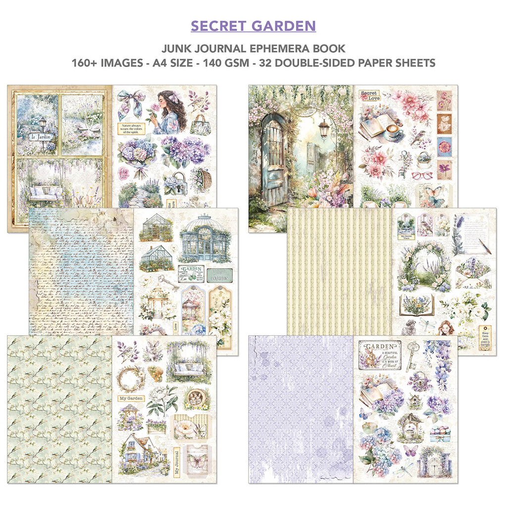 Secret Garden 32 page Ephemera book and junk journal for scrapbooking. Featuring flowers butterflies and garden scenes