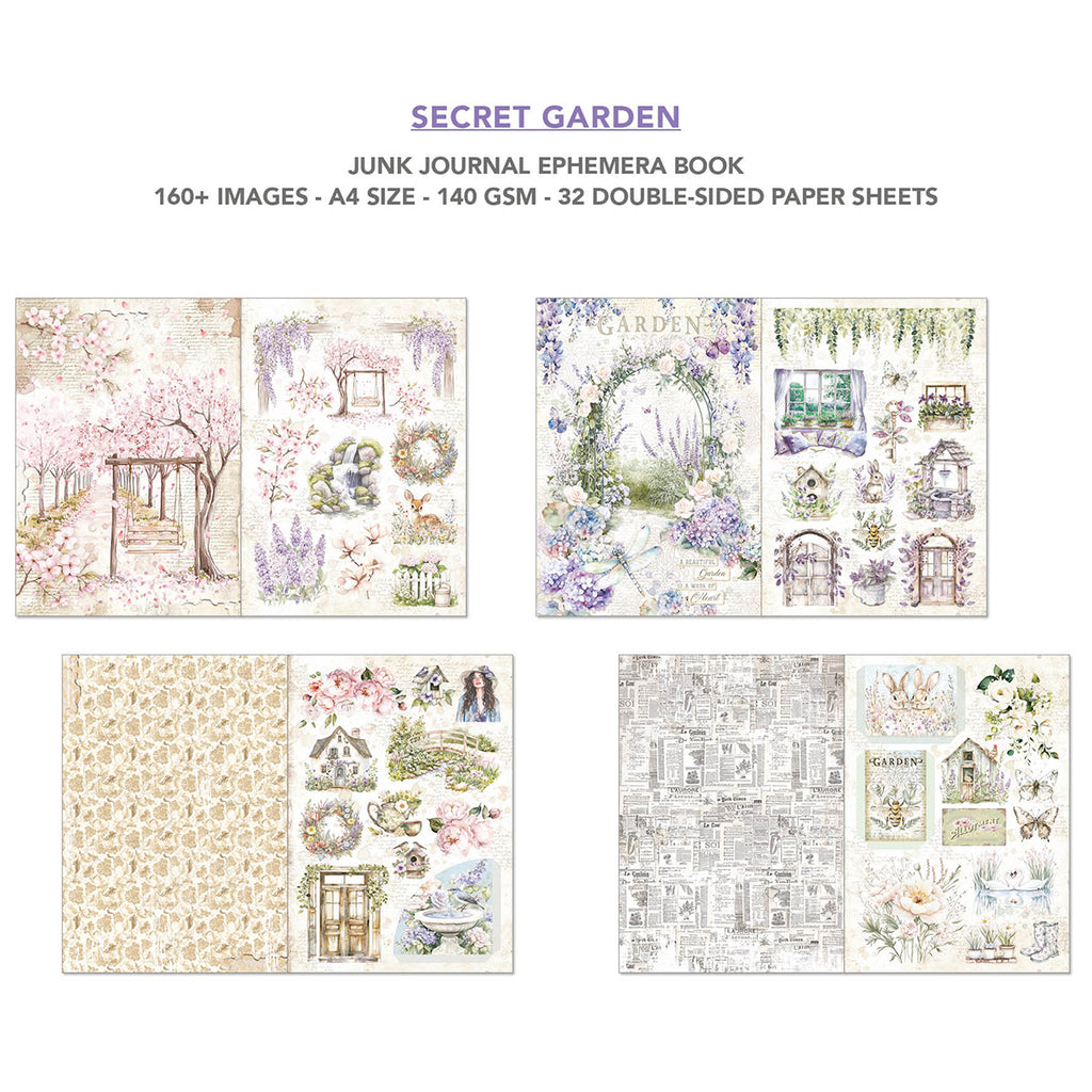 Secret Garden 32 page Ephemera book and junk journal for scrapbooking. Featuring flowers butterflies and garden scenes