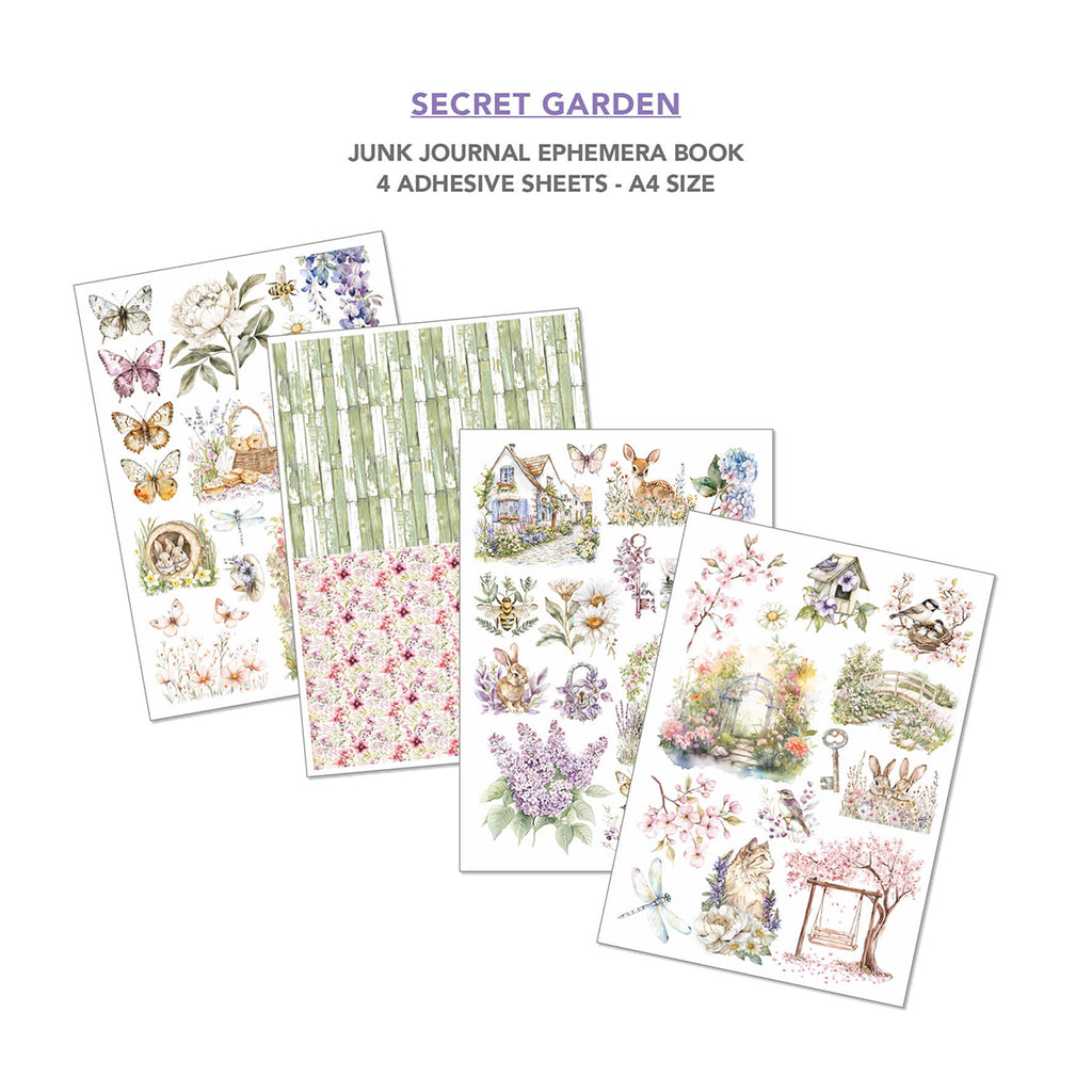 Secret Garden 32 page Ephemera book and junk journal for scrapbooking. Featuring flowers butterflies and garden scenes