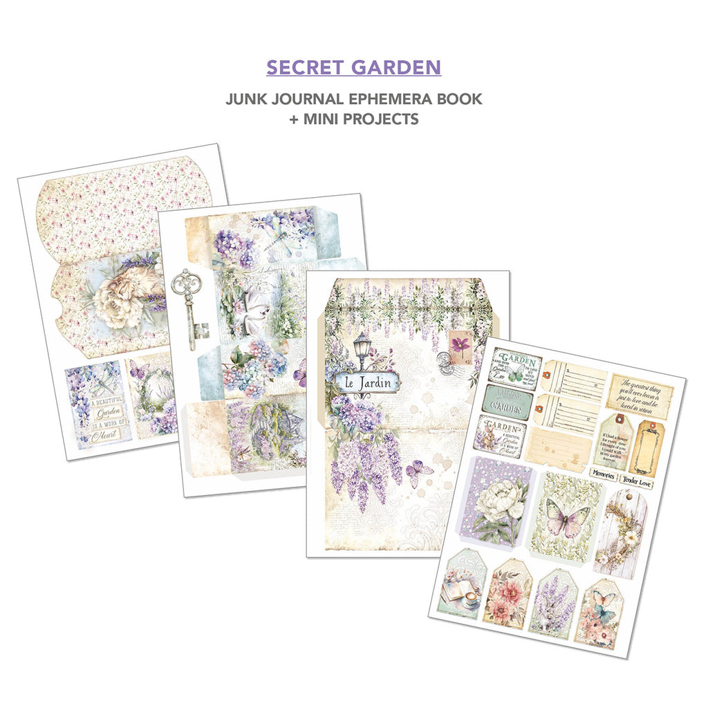 Secret Garden 32 page Ephemera book and junk journal for scrapbooking. Featuring flowers butterflies and garden scenes