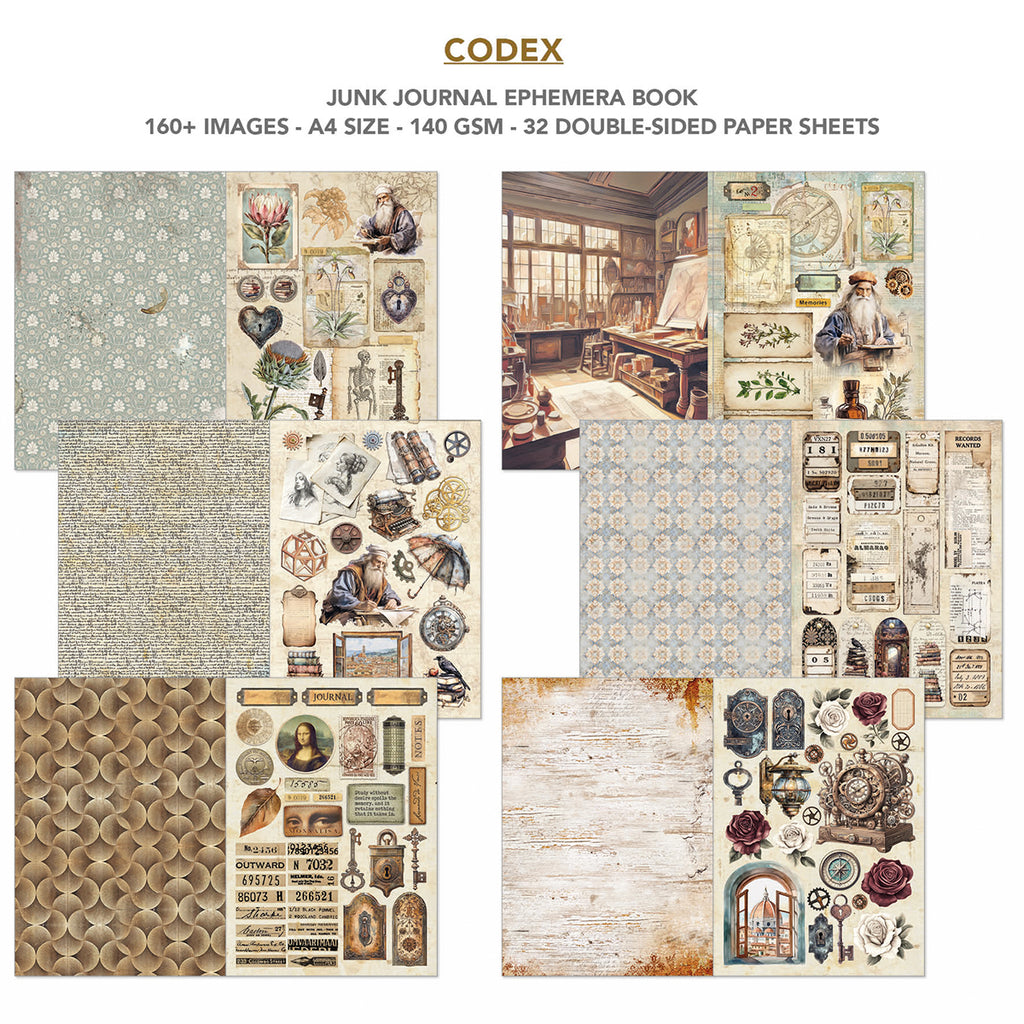 Codex 32 page Ephemera book and junk journal for scrapbooking. Featuring maps antique inventions and locks